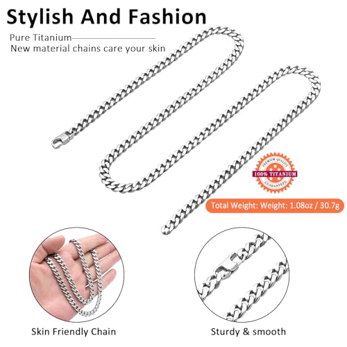 SanThree 7mm Pure Titanium Curb Link Chain Necklace, Smooth Skin Friendly Solid Titanium Chunky Double Tight Cuban Chain Necklaces Gift for Men Women Sensitive Skin Hip Hop Jewelry - color: 25.59 Inches