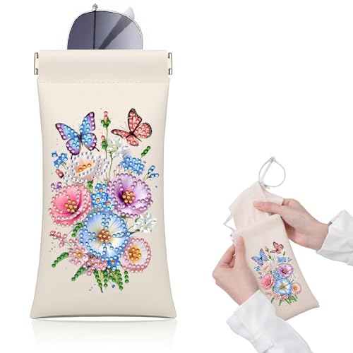 Diamond Art Painting Eye Glass Bag PU Sunglasses Glasses Storage Bag Built-in Glasses Cloth Press Automatic Closure - color: Flowers02