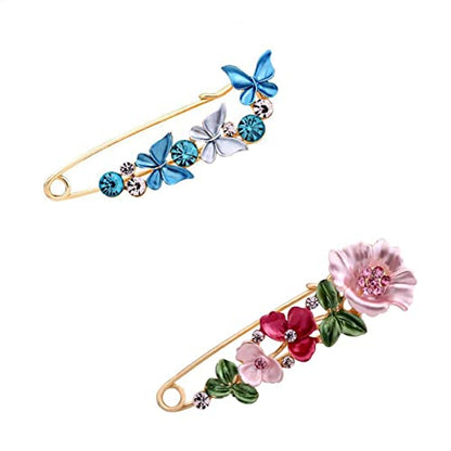 Flower Safety Decorative Pins Brooch Clip, 2PCS Crystal Flower Safety Decorative Brooches Pins, Metal Flower Safety Decorative Pins for Clothing Scarves Shawl Buttons Christmas Gift