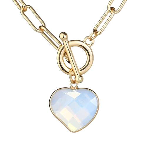 14K Gold Plated Two Sides Carved Stone Heart Shape Necklace for Women Love Pendant Necklace Jewelry for Daily and Gifts - color: Opal