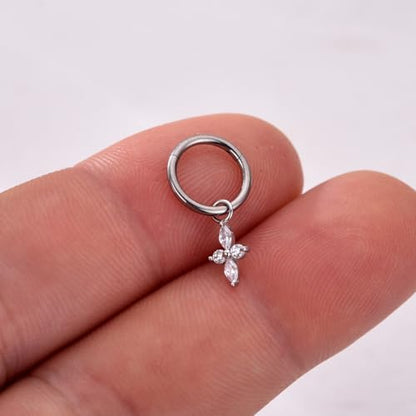 Ourania 16G Gold Stainless Steel Zircon Dangle Huggie Hoop Rook Piercing Helix Hoop Earring Tragus Hoop Cartilage Piercing for Women - color: Flower Silver 2PCS, size: 1.2*8mm 2pcs