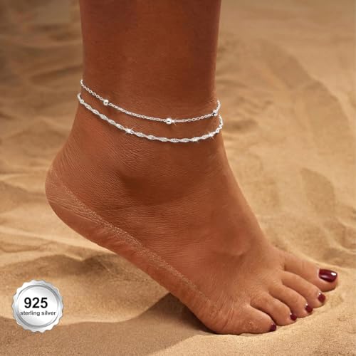 Gold Ankle Bracelets for women,14k Gold/Silver Plated Waterproof Layered lightweight Bow Beaded Twisted Chain Cross Butterfly Satellite Ankle Bracelets Set Gold Anklets for women Trendy Summer Beach Jewelry Gift for Women - style: 2 anklets twisted satell