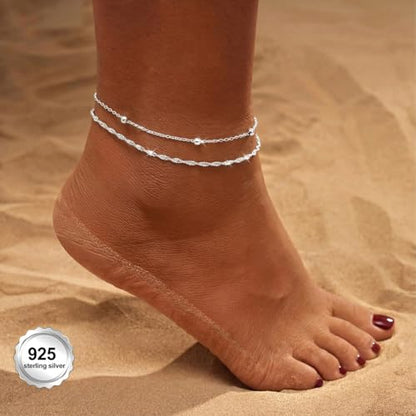 Gold Ankle Bracelets for women,14k Gold/Silver Plated Waterproof Layered lightweight Bow Beaded Twisted Chain Cross Butterfly Satellite Ankle Bracelets Set Gold Anklets for women Trendy Summer Beach Jewelry Gift for Women - style: 2 anklets twisted satell