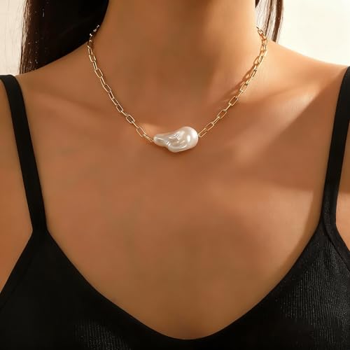 Chunky Pearl Necklaces for Women Chunky Baroque Pearl Beaded Gold Chain Link Pearls Pendant Necklace White Pearls Necklace Valentine's Day Jewelry Gifts Party Prom Birthday Outfits Accessorie - style: Golden Chain One Pearl