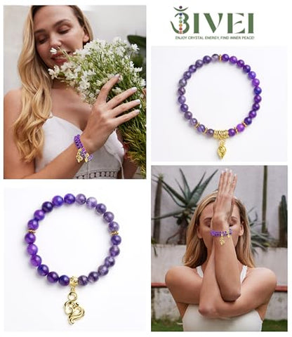 Bivei Natural Semi Precious Gemstone beads bracelet for women - Life Tree and Leaf Charm Energy Reiki Crystal Stretch Bracelets - color: A(New)OM - Amethyst, size: Medium:6.8-7.24inch