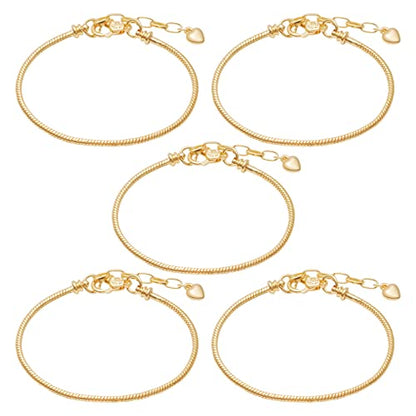 tiggell 5pcs Chain Bracelets Kit Silver Plated Snake Chain with Heart Lobster European Charm Bracelet for Christmas DIY Women Jewelry Findings Bracelet Making (gold) - color: gold