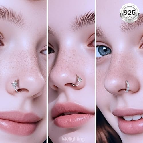 Melighting 20G Nose Ring Hoop 925 Sterling Silver Butterfly Flower Nose Hoop Seamless Open Helix Piercing Clear Double CZ 8 mm Cartilage Earring Nose Piercing for Women - color: Double CZ