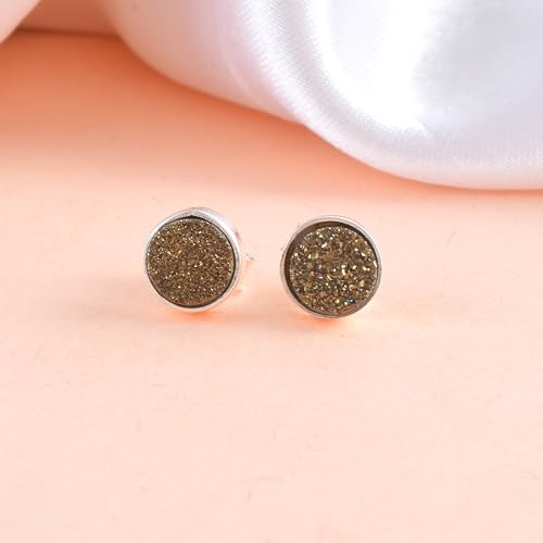 5 MM Natural Gemstone 925 Sterling Silver Hypoallergenic Studs Earrings Jewelry for Women Dainty Trendy Antiqued Silver Birthstone Earrings Jewelry Gifts for Women and Her - color: Brown Druzy
