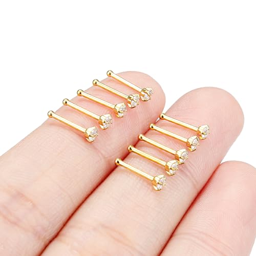 Hoeudjo Nose Studs Surgical Steel Cubic Zirconia Nose Rings Kit for Women Men Tiny Nose Stud Bone & Screw & L Shaped Nostril Piercing Jewelry 24/22/20/18 Gauge 10 Pieces - color: gold-tone,nose bone studs, size: 20g/2mm clear CZ