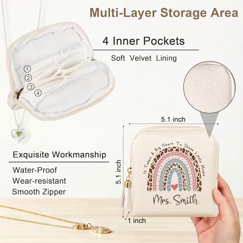 Back to School Teacher Gifts Custom Jewelry Travel Case with Name,Personalized Teacher Appreciation Gifts for Women Best Teacher Small Jewelry Box Leather Jewelry Bag Thank You Gifts - color: Rainbow