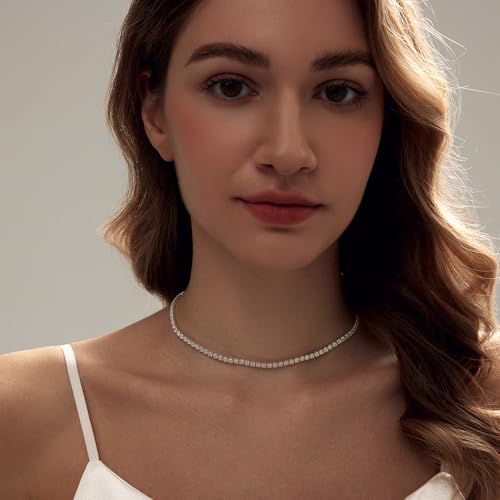 HAXIYA Tennis Necklace Bracelet for Women, Sterling Sliver Jewelry Set, Silver/Gold Chocker Necklace, Crystal Bracelet for Women, Wedding Jewelry for Bride, Sparkly Party Prom Hypoallergenic - color: Tennis Neclace - Silver