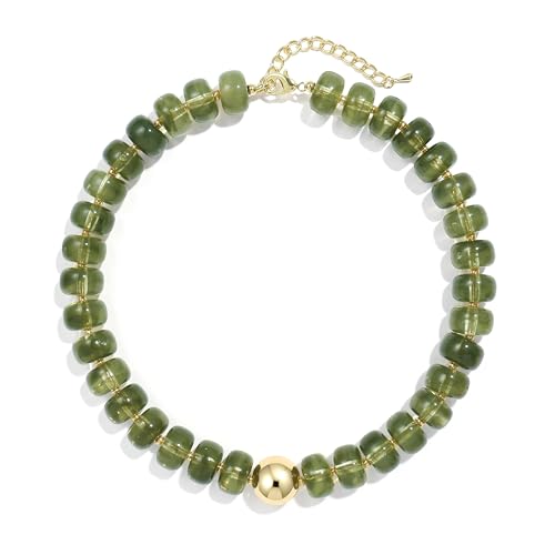 Badu Colorful Chunky Beaded Choker Necklace, Acrylic Colorful Bead Statement Necklaces, Adjustable Summer Beach Jewelry Gift for Women - color: Olive Green