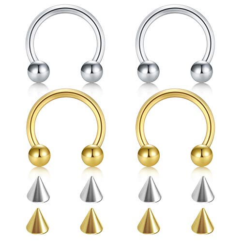 D.Bella 22G 20G 18G 16G 14G 12G 10G 8G 6G 4G 2G 0G 00G Surgical Steel Nose Septum Horseshoe Hoop Eyebrow Lip Navel Belly Nipple Piercing Ring Helix Tragus Daith Rook Captive Earrings Replacement Spikes - color: A2 -4pcs, silver & gold, size: 20g,10mm inne