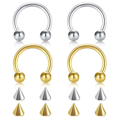 D.Bella 22G 20G 18G 16G 14G 12G 10G 8G 6G 4G 2G 0G 00G Surgical Steel Nose Septum Horseshoe Hoop Eyebrow Lip Navel Belly Nipple Piercing Ring Helix Tragus Daith Rook Captive Earrings Replacement Spikes - color: A2 -4pcs, silver & gold, size: 18g,10mm inne
