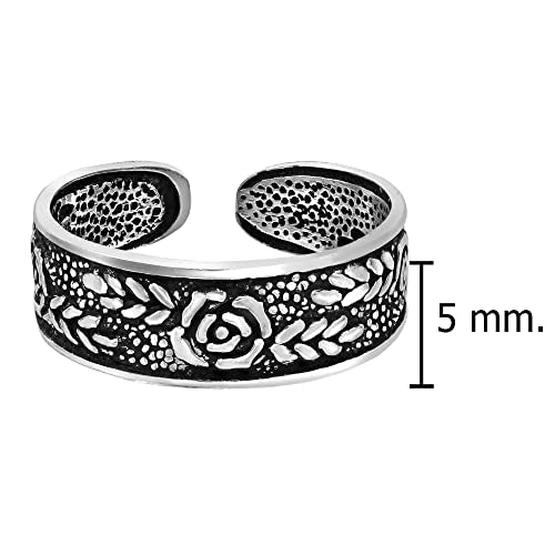 AeraVida .925 Sterling Silver Adjustable Toe Ring or Pinky Ring 5mm Wide Open Band, Stackable Minimalist Summer Foot Jewelry | Sun Moon Star Turtle Butterfly Leaf Olive Branch Ocean Wave Yin Yang Design - style: Rose