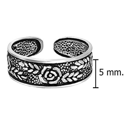 AeraVida .925 Sterling Silver Adjustable Toe Ring or Pinky Ring 5mm Wide Open Band, Stackable Minimalist Summer Foot Jewelry | Sun Moon Star Turtle Butterfly Leaf Olive Branch Ocean Wave Yin Yang Design - style: Rose