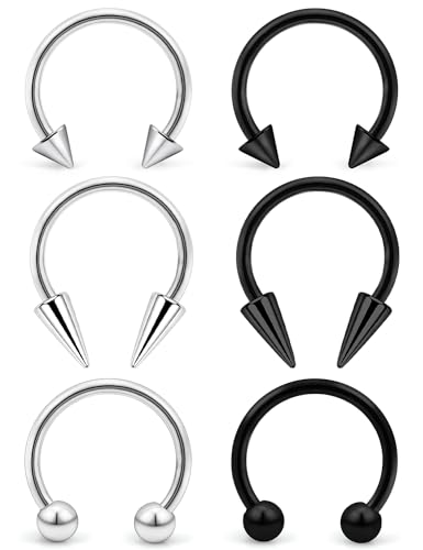 6Pcs Septum Rings 16G Surgical Steel Snake Bite Jewelry Long Spike Horseshoe Lip Rings Smiley Piercing Jewelry for Women Men 8mm 10mm - color: 16g,Diameter:8mm,silvertone+black