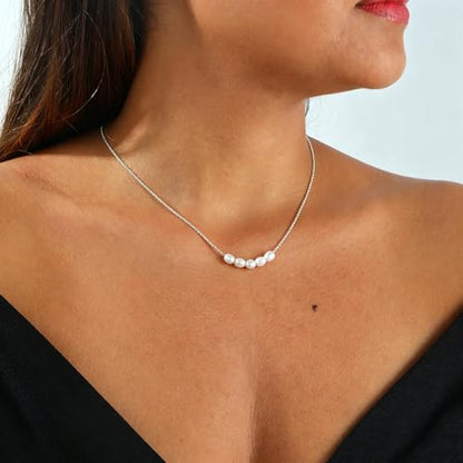 Pearl Necklace for Women, Dainty Pearls Choker Necklace for Women 14K Gold Plated Layered Pendant Necklace Handmade Gold Chain Necklace Everyday Jewelry Gift - color: Five Pearls-Silver