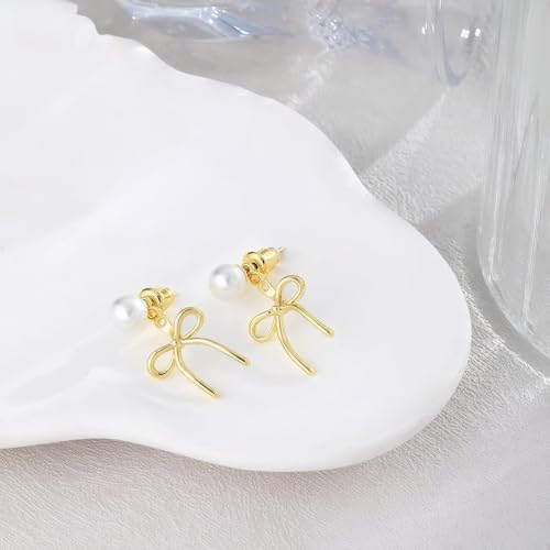 Gold Bow Earrings for Women, Long Tassel Chain Drop Earrings, Trendy Small Bow Earrings, Ribbon Waterfall Dangling Earrings, Pearl Bow Earrings, Sparkly Elegant Bowknot Preppy Jewelry Gifts for Women - color: Gold Bow-F