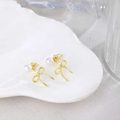 Gold Bow Earrings for Women, Long Tassel Chain Drop Earrings, Trendy Small Bow Earrings, Ribbon Waterfall Dangling Earrings, Pearl Bow Earrings, Sparkly Elegant Bowknot Preppy Jewelry Gifts for Women - color: Gold Bow-F