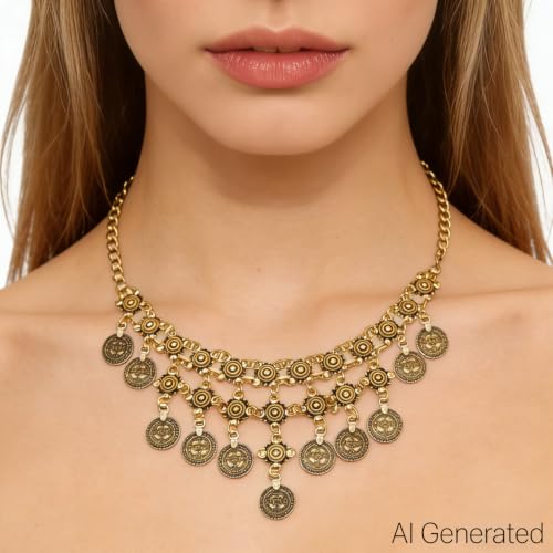 Boho Coin Charm Necklace for Women Layered Gold Coin Beaded Pendant Necklace Pirate Necklace Chunky Coins Tassel Ethnic Gypsy Costume Accessories - style: B
