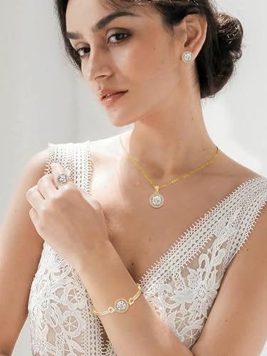 Women 4Pieces Cubic Zirconia Jewellery Set Rhinestone Necklace Earrings Bracelet Ring - color: Gold