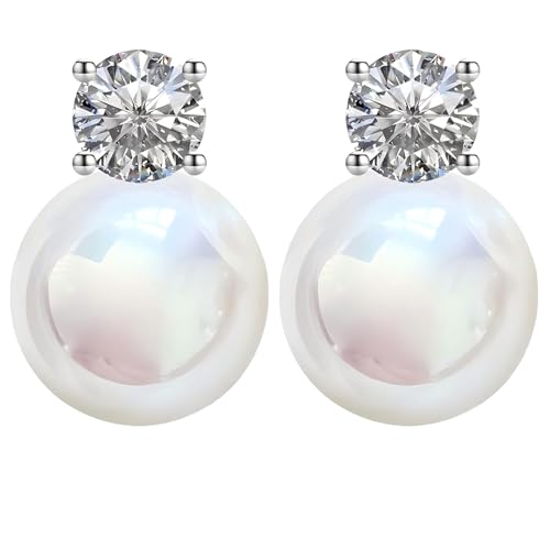 Faux Pearl Cubic Zirconia Stud Earrings, Hypoallergenic Lightweight Round Pearl Studs for Women - color: Pinkish White, size: Pearl 12mm-CZ 6mm