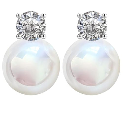 Faux Pearl Cubic Zirconia Stud Earrings, Hypoallergenic Lightweight Round Pearl Studs for Women - color: Pinkish White, size: Pearl 12mm-CZ 6mm