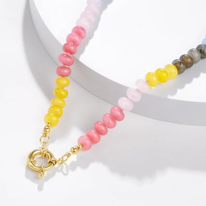 KissYan Beaded Gemstone Necklaces for Women | Colorful Bead Natural Stone Choker with 14K Gold Plated Spring Ring Clasp, Handmade Knot Jewelry for Summer Beach - color: R-Pink & Yellow
