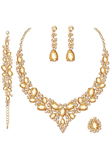 CSY Elegant Crystal Costume Jewelry Sets for Formal Events Gown Accessories | 4-Piece Set Bridal Necklace Earrings Bracelet Ring Set for Brides Eco-friendly Statement Jewelry for Wedding Party Prom - color: Champagne gold