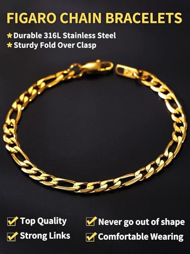 ChainsHouse Figaro Link Chain Bracelet for Men Stainless Steel Jewelry | Black/ Gold Bracelets Men, 6/9/13mm Figaro Cuabn Bracelets 7.5"/8.3", Chunky Hip Hop Wrist Hand Chain Bracelet for Gift - color: a: 6mm-gold