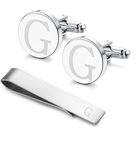 Initial Cuff Links Mens and Tie Clips for Men | Classic Silver Letter Alphabet A-Z Cufflinks and Tie Bar Set, Gifts for Men Father Husband for Formal Business Wedding - style: G