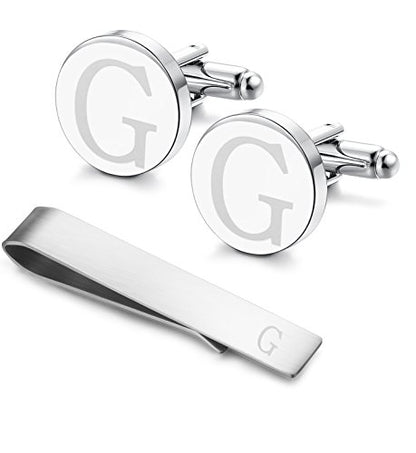 Initial Cuff Links Mens and Tie Clips for Men | Classic Silver Letter Alphabet A-Z Cufflinks and Tie Bar Set, Gifts for Men Father Husband for Formal Business Wedding - style: G