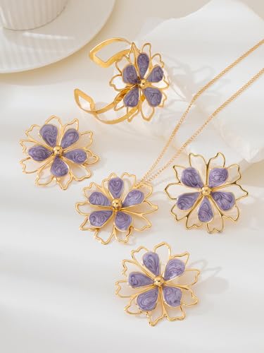 Gold Flower Jewelry Set For Women, 5 Pcs Chunky Golden Floral Pendant Necklace Bracelet Earrings Ring Set Statement Flower Jewelry Gifts For Beach Wedding - color: 5pcs-Purple