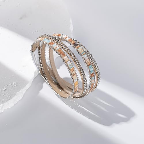 Boho Double Wrap Leather Bracelets Stackable Layered Western Hippie Jewelry | Colorful Stacked Bohemian Statement Chunky Magnetic Clasp Cuff Bangles Cowgirl Country Summer Beach Outfits for Women Trendy - color: Beige