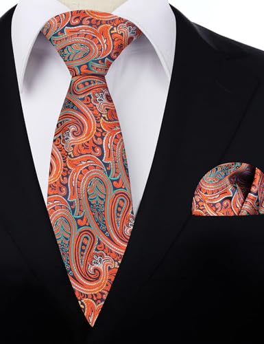 Alizeal Mens Gradient Paisley Necktie and Pocket Square Set | Elegant Design Perfect for Weddings Banquets Business Formal Events - color: 143-orange+green