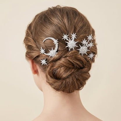 6 Pcs Hair Pins Rhinestone Celestial Crystal Goddess Style Hair Pieces Bride Bridal Wedding Side Clip Set Star Moon Decorative Barrettes Headdress Accessoriesfor Girls Women (Silver)