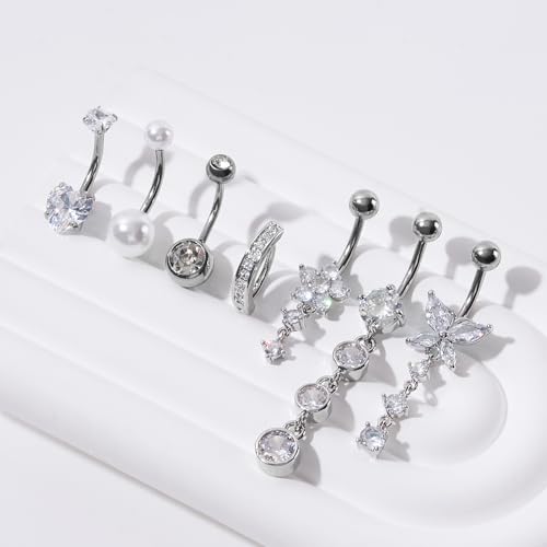 14G Belly Button Rings Silver Gold Pink Stainless Steel Belly Rings Cubic Zirconia Belly Button Piercings Navel Piercings Set Pool Party Accessories for Women