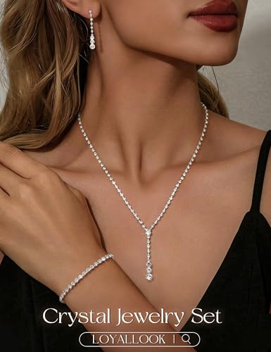 Crystal Silver Necklace and Earrings with Crystal Bracelet for Women | Teardrop Dangle Earrings Rhinestone Necklace Bracelet for Bride Bridesmaid Crystal Bridal Wedding Party Jewelry Sets - style: crystal neckalce+adjustable bracelet