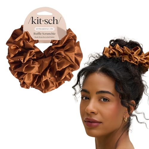 Kitsch Ruffle Satin Scrunchies For Women - Gentle Hair Tie - Camel | Wake Up Frizz-Free, No Crease Hair Ties, Softer Than Silk Scrunchies, Stylish Hair Accessories For All Hair Types - color: Camel