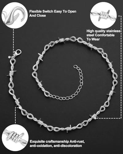 Stainless Steel Gothic Y2K Punk Rock Emo Biker Pendant Necklace | Cosplay Vintage Viking Alt Edgy Fashion Charm Necklace Jewelry for Men Women Active Daily Wear - style: Barbed Wire(Adjustable)