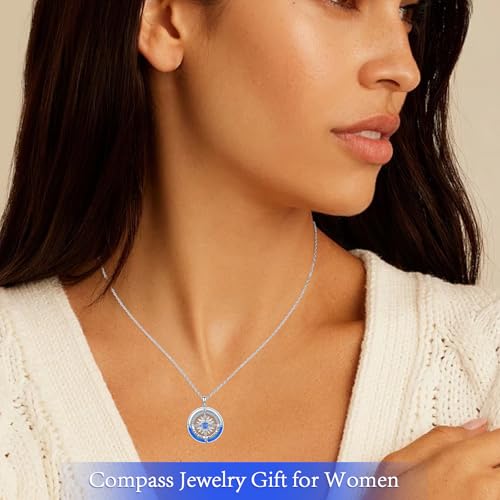 Compass Necklace Sterling Silver Nautical Graduation Gift | 925 Sterling Silver compass pendant with meaningful nautical design, jewelry for women, graduation and travel gift - color: Silver-13
