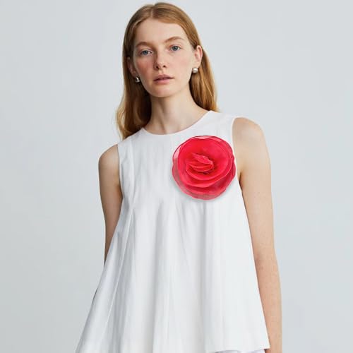 10inch Extra Large Flower Brooch Pin for Women Fashion Dainty Organza Satin Fabric Big Camellia Brooches Lapel Pins Wedding Dance Party Dress Accessories Exaggerated Jewelry Gift - color: 6 inch Red