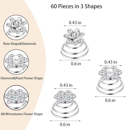 60 PCS 3 Shapes Gems Rhinestone Twister Hair Studs Set Diamond Spiral Pearl Flower Jewels Hair Pins Sticks for Wedding, Bridal, Prom, Party and Special Occasion(Flower Series) - color: Flower Series