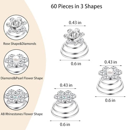 60 PCS 3 Shapes Gems Rhinestone Twister Hair Studs Set Diamond Spiral Pearl Flower Jewels Hair Pins Sticks for Wedding, Bridal, Prom, Party and Special Occasion(Flower Series) - color: Flower Series