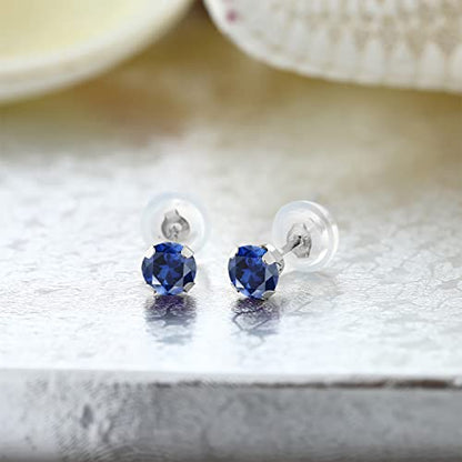 Gem Stone King 14K Gold Gemstone Birthstone Stud Earrings For Women Men | 4MM Round Cut | Solitaire Gold Studs with Secure Backs | Fine Jewelry for Her Him Mom Dad Wife - color: Blue Created Sapphire-September