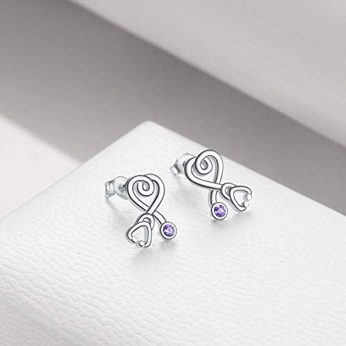 Stethoscope Earrings 925 Sterling Silver Heart Studs Earrings 12 Months Birthstone Crystals from Austria, Graduation Jewelry Gifts for Nurse Doctor RN Medical Student - color: Violet Purple