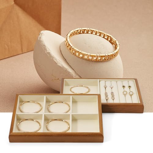 Oirlv Wood 6-Compartment Jewelry Tray | Solid Wood Frame, Soft Microfiber Lining, Holds Rings/Earrings/Bracelets, Sturdy and Attractive, Great for Drawers - color: Cream, size: 6 grid