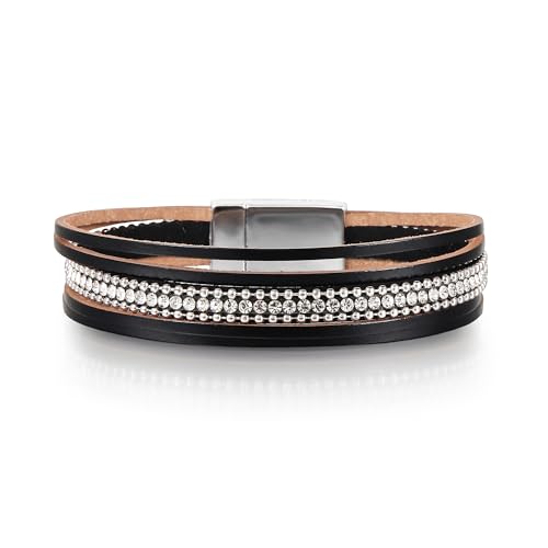 Edoneery Leather Wrap Bracelets for Women, Boho Layered Cuff Bangle | Multi-layer Leather Cuff, Daily wear, Stackable Bangle, Easy on-off, Western Jewelry Gifts for Women - color: Black-1