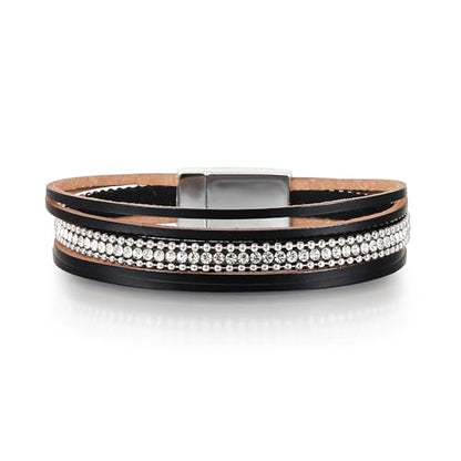 Edoneery Leather Wrap Bracelets for Women, Boho Layered Cuff Bangle | Multi-layer Leather Cuff, Daily wear, Stackable Bangle, Easy on-off, Western Jewelry Gifts for Women - color: Black-1